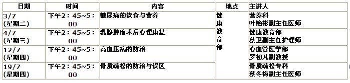 中山大学附属第一医院七月份健康教育讲座安排